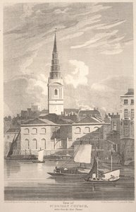 Ansicht der St. Brides Kirche, vom Fluss Thames aus gesehen (gestochen von Matthews) von John Preston Neale