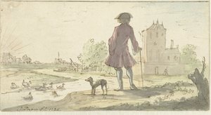 Mann mit Hund am Wasser