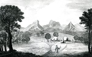 Ansicht des Kommodorzeltes auf der Insel Juan Fernandes, ca. 1745 (Gravur) von J. S. Mason
