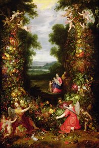 Heilige Familie in einer Landschaft mit einem Kranz aus Obst und Gemüse