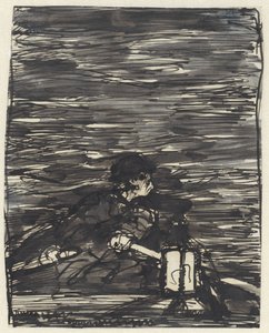 Ruderer in einem Boot mit Laterne bei Nacht von Jac van Looij