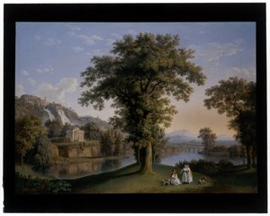 Ideale Landschaft mit den kleinen Kaskaden und der Villa des Maecenas in Tivoli von Jacob Philippe Hackert