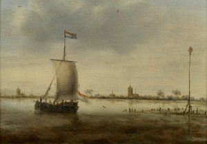 Ein Segelschiff entlang der Küste einer niederländischen Stadt, vermutlich Schoonhoven von Jacob Adriaensz. Bellevois