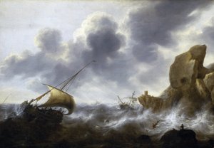 Ein Fischerboot im Sturm in der Nähe einer felsigen Küste, mit einem Schiffswrack