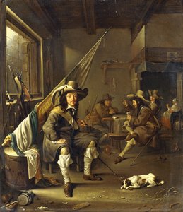 Ein sitzender Kavalier mit Soldaten, die Karten spielen, 1655