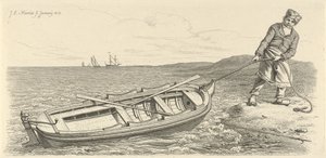 Mann zieht sein Ruderboot an Land