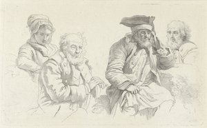 Studienblatt mit drei alten Männern und einer jungen Frau von Jacob Ernst Marcus
