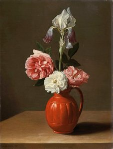 Ein Iris und drei Rosen in einem irdenen Topf, von Jacob Foppens van Es
