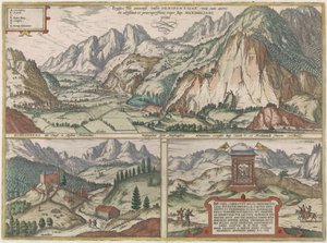 Drei Ansichten im und um das Inntal in Österreich, mit den Alpen im Hintergrund von Jacob Hoefnagel (possibly)