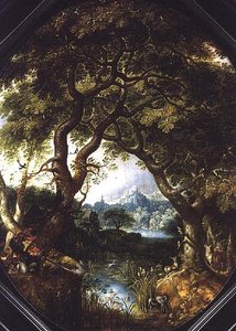 Waldlandschaft mit Jägern an einem Bach