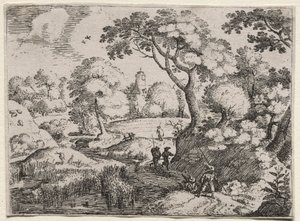 Sechs Landschaften: Pfad zwischen Sumpf und bewaldetem Ufer, um 1595