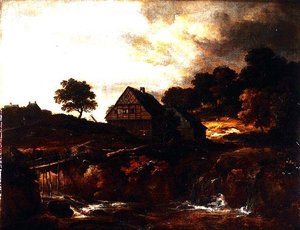 Bewaldete Landschaft mit Bauer auf einer Brücke über einen Wildbach