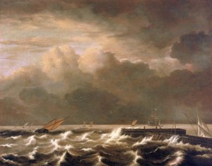 Stürmische See, die über die Mole kracht, zeigt kleine Fischerboote, die im Sturm gefangen sind von Jacob Isaakszoon van Ruysdael