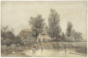 Bauernhof und eine waschende Frau