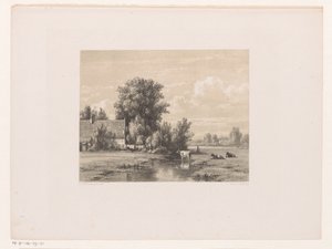 Landschaft mit Bauernhof und Kuh im Wasser von Jacob Jan van der Maaten