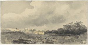 Landschaft mit Schäfer unter schwerer Wolkendecke