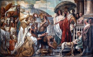 Die Gesandten des Kalifen Harun al-Rashid bieten Karl dem Großen eine Uhr an, 1660 von Jacob Jordaens