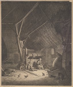 Innenraum einer Scheune mit Mutter und zwei Kindern, vorne ein Schwein, Kopie, 17. Jahrhundert von Jacob Louys