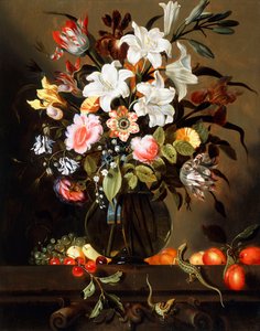 Ein Blumenstrauß mit Früchten und zwei Sand-Eidechsen auf einem Steinsims, 1647