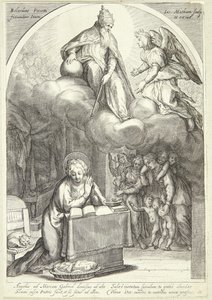 Der Herr und Gabriel erwarten die Verkündigung, Maria kniend unten von Jacob Matham