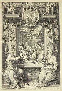 Anbetung der Hirten mit Peter und Paulus in einem allegorischen Rahmen von Jacob Matham