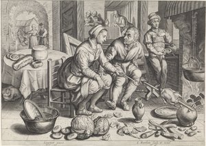 Küchenstück mit Huhn am Spieß