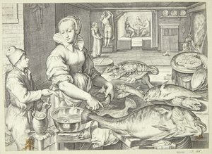 Küchenszene mit einer Küchenmagd, die Fische säubert