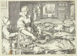 Küchenszene mit einer Küchenmagd, die Fische säubert von Jacob Matham