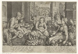 Marktszene mit der Parabel von den Arbeitern im Weinberg im Hintergrund, ca. 1600 von Jacob Matham