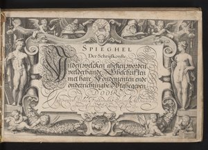 Titelblatt mit allegorischem Rahmen und kalligrafiertem Titel von Jacob Matham