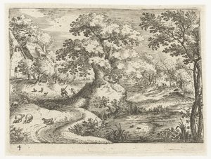 Landschaft mit Reisenden in der Nähe von Häusern