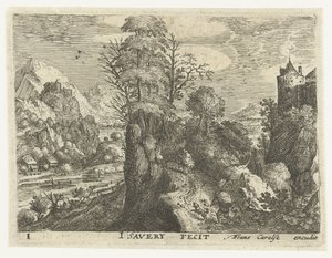 Landschaft mit Reisenden auf steilem Felsen
