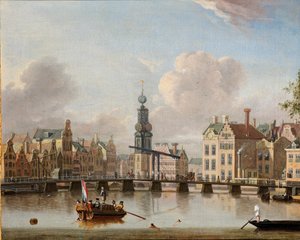 Ansicht des Munt, Amsterdam mit Figuren in Booten und Schwimmern im Kanal von Jacob Storck
