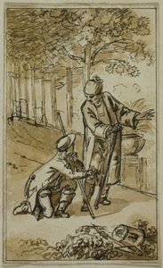 Literarische Illustration: Herr und kniender Gärtner