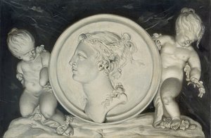 Flora in einem gemalten Rundbild, unterstützt von Putti, die auf Wolken schweben