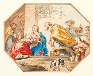 Anbetung der Heiligen Drei Könige, ca. 1751 (Graphit, Stift & braune Tinte, Aquarell auf Papier, in ein Achteck geschnitten, mit braunen Tinten- & Waschrahmen) von Jacob de Wit