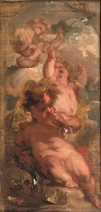 Eine Allegorie der Vergänglichkeit: Vier Putti, die Seifenblasen blasen, ein Schädel, eine Künstlerpalette und eine Krone in der Nähe