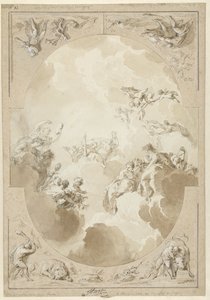 Entwurf für ein Deckengemälde mit der Apotheose des Herkules und vier seiner Werke von Jacob de Wit