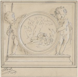 Zwei Putti mit Medaillon, darin Narziss und Echo von Jacob de Wit