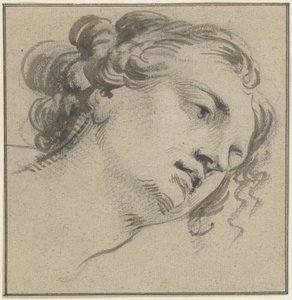 Frauenkopf mit lockigem Haar, dreiviertel nach rechts und nach vorne gebeugt von Jacob de Wit