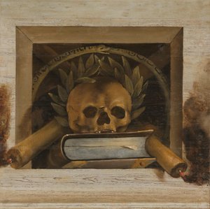 Vanitas-Stillleben mit Schädel mit Lorbeerkranz, Buch und zwei brennenden Kerzen von Jacob van Campen