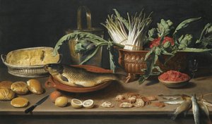 Stillleben mit Fisch auf einem Terrakottateller, Spargelbündeln, Artischocken und Kirschen in einer gewellten Schale, zusammen mit einem halben Käse in einem Korb, Brötchen, Walderdbeeren, Zitronen, Orangen und Krabben, die alle auf einem Tisch angeordnet  von Jacob Van Es