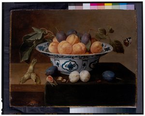 Stillleben mit Aprikosen und Pflaumen in einer Wan Li Schale, mit Käfern und einem Schmetterling auf einem Sims von Jacob van Hulsdonck