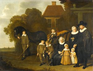 Gruppenporträt der Familie Meebeeck Cruywagen am Tor ihres Landhauses an der Uitweg bei Amsterdam von Jacob van Loo (attributed to)