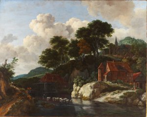 Hügelige Landschaft mit einer Wassermühle von Jacob van Ruisdael