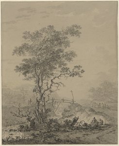 Gebirgige Landschaft mit einem Baum an einem Fluss, einer Brücke und einigen Figuren