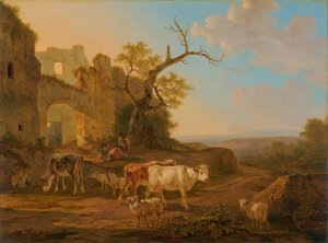Landschaft mit Kühen nahe einer Ruine von Jacob van Strij