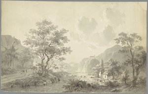 Kleiner Wasserfall bei einem See in einer Berglandschaft von Jacob van Strij
