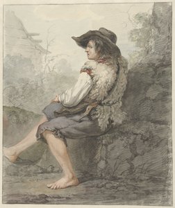 Sitzender Junge mit Hut und Schaffell, nach links von Jacob van Strij