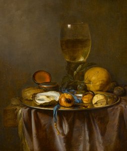 Stillleben mit einem Römer, einer Uhr, einer Auster und Obst von Jacob van Walscapelle